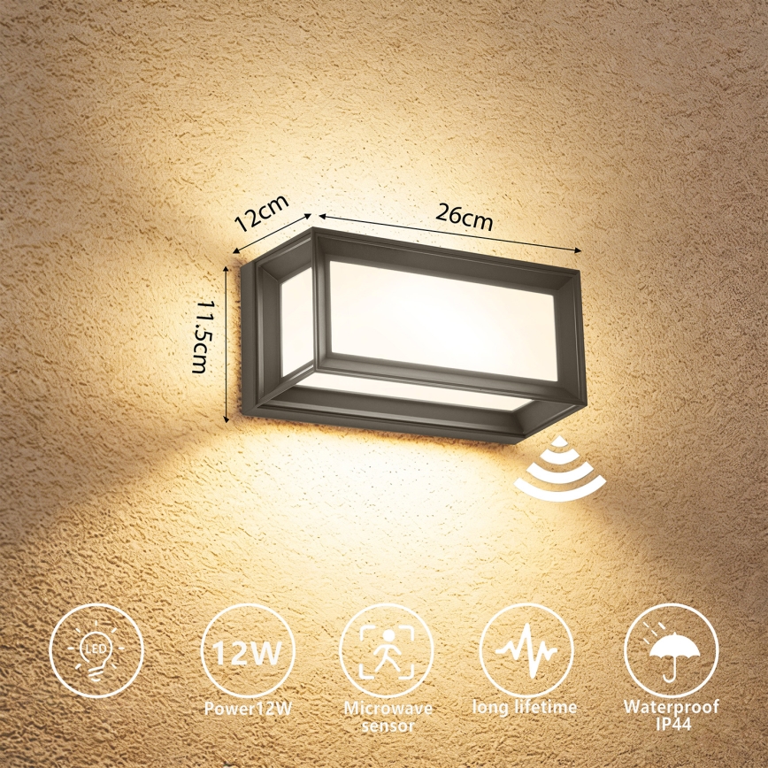 Brilagi - Aplică LED de perete pentru exterior cu senzor PARKER LED/12W/230V antracit IP44