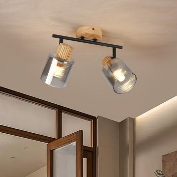 Brilagi - Plafonieră cu spoturi HYGGE, 2xE14/15W/230V, lemn de cauciuc/sticlă fumurie