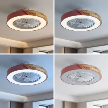 Brilagi - Plafonieră LED dimmabilă cu ventilator, LED 38W, 230V, 3000–6500K, Ø 50 cm, roz/stejar + telecomandă