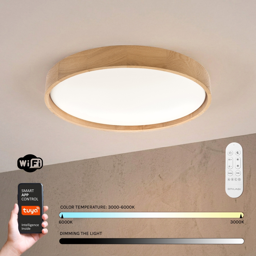 Brilagi - Plafonieră LED dimabilă MANAROLA SMART, 36 W, 230 V, 3000–6000K, Wi‑Fi Tuya Beacon, Ø 51 cm, stejar + telecomandă