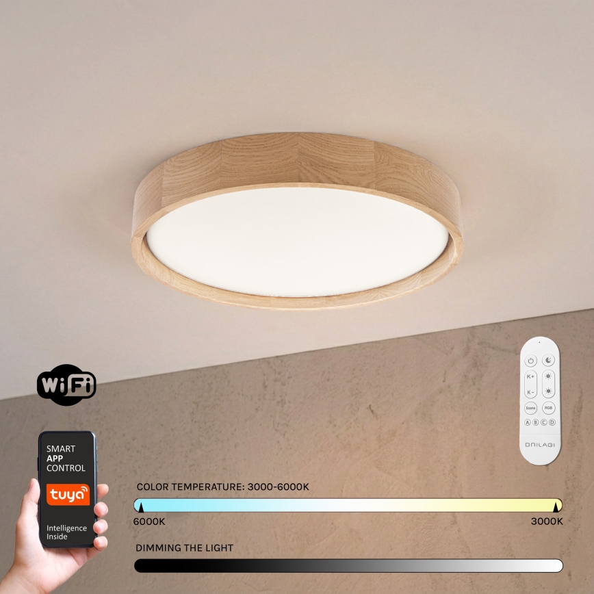 Brilagi - Plafonieră LED dimabilă MANAROLA SMART, 24W, 230V, 3000-6000K, Wi-Fi Tuya Beacon, Ø 41 cm, stejar + telecomandă