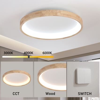 Brilagi - Plafonieră LED FALCON WOOD MODERN, 60W, 230V, 3000/4000/6000K, Ø 80 cm, finisaj din lemn