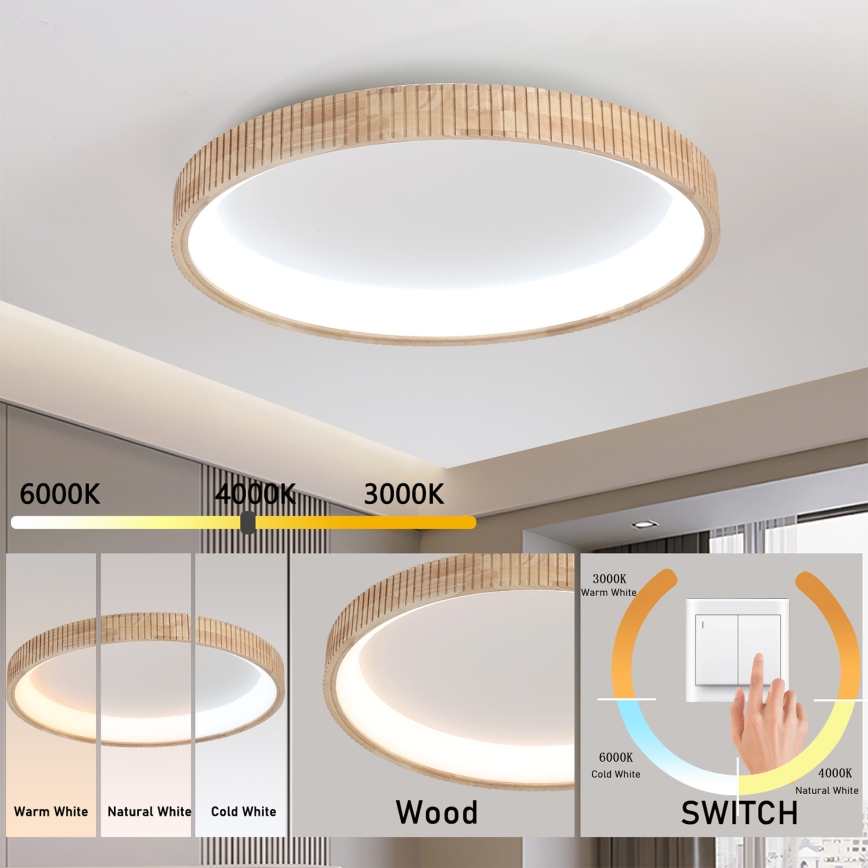 Brilagi - Plafonieră LED FALCON WOOD MODERN, 60W, 230V, 3000/4000/6000K, Ø 80 cm, finisaj din lemn
