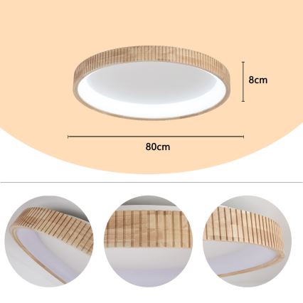 Brilagi - Plafonieră LED FALCON WOOD MODERN, 60W, 230V, 3000/4000/6000K, Ø 80 cm, finisaj din lemn