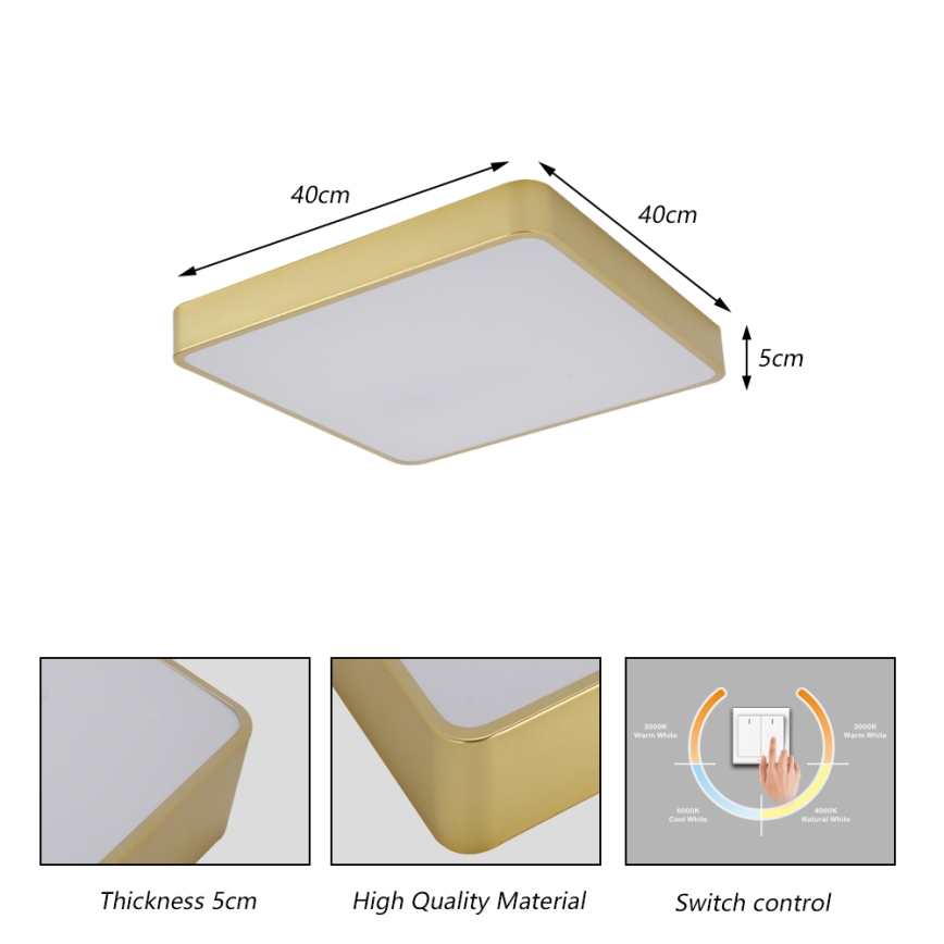 BRILAGI - Plafonieră LED POOL SQUARE, 36W, 230V, 3000/4000/6000K, 40x40 cm, auriu