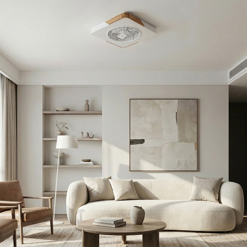 Brilagi - Lampă de plafon cu ventilator LED dimabilă, 38W, 230V, 3000–6500K, 50x50 cm, alb/stejar, cu telecomandă
