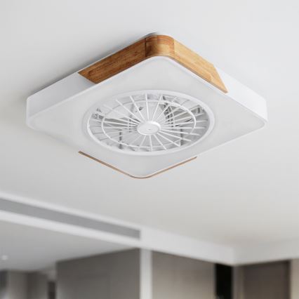 Brilagi - Lampă de plafon cu ventilator LED dimabilă, 38W, 230V, 3000–6500K, 50x50 cm, alb/stejar, cu telecomandă