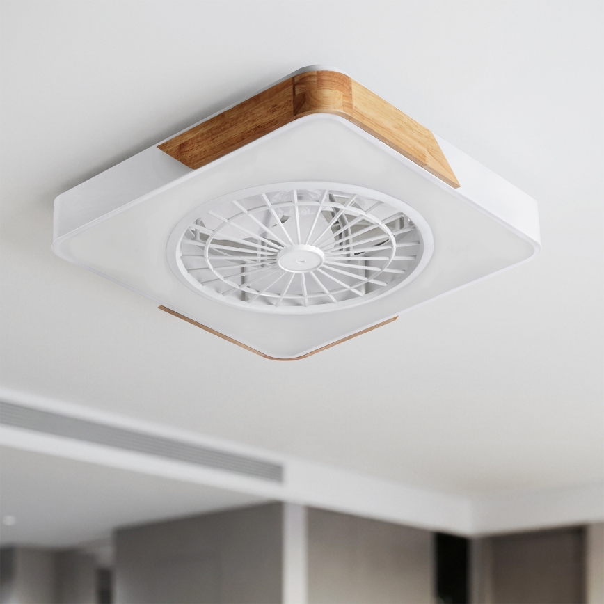 Brilagi - Lampă de plafon cu ventilator LED dimabilă, 38W, 230V, 3000–6500K, 50x50 cm, alb/stejar, cu telecomandă