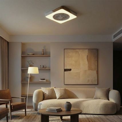 Brilagi - Lampă de plafon cu ventilator LED dimabilă, 38W, 230V, 3000–6500K, 50x50 cm, alb/stejar, cu telecomandă