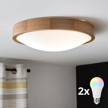 Brilagi - Plafonieră LED RGBW CARVALHO SLIM, reglabilă, 2xE27, 9W, 230V, 2700–6500K, Wi‑Fi, stejar, Ø37 cm