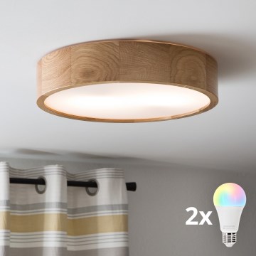 Brilagi - Plafonieră LED RGBW dimabilă CARVALHO, 2xE27/9W/230V, 2700-6500K, Wi-Fi, finisaj stejar, Ø 37,5 cm