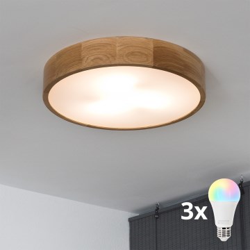 Brilagi - Plafonieră LED RGBW reglabilă CARVALHO 3xE27/15W/230V 2700-6500K Wi-Fi stejar Ø 47,5 cm