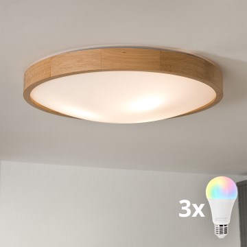Brilagi - Plafonieră LED RGBW reglabilă CARVALHO SLIM 3xE27/9W/230V 2700-6500K Wi-Fi stejar Ø 47 cm