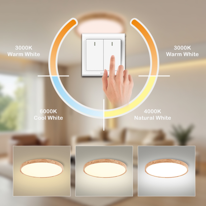 Brilagi - Plafonieră LED WOODROUND, 70W, 230V, 3000/4000/6000K, Ø 80 cm, lemn, CRI 90