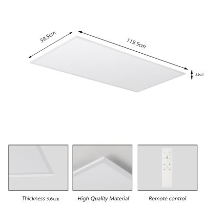 Brilagi - Plafonieră LED dimabilă SLIMFRAME, 80 W, 230 V, 120 x 60 cm, 3000–6000 K, albă + telecomandă