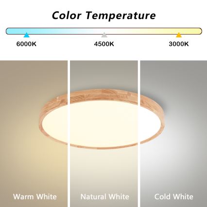 Brilagi - Plafonieră LED WOODROUND, 30W, 230V, 3000/4000/6000K, Ø 40 cm, corp din lemn, CRI 90