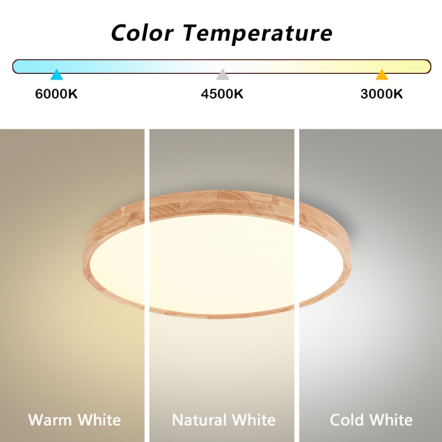 Brilagi - Plafonieră LED WOODROUND, 30W, 230V, 3000/4000/6000K, Ø 40 cm, corp din lemn, CRI 90
