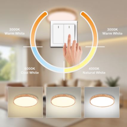 Brilagi - Plafonieră LED WOODROUND, 30W, 230V, 3000/4000/6000K, Ø 40 cm, corp din lemn, CRI 90