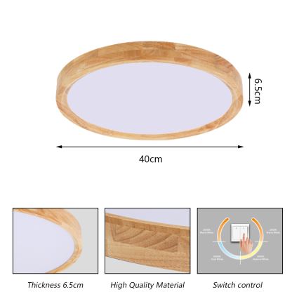 Brilagi - Plafonieră LED WOODROUND, 30W, 230V, 3000/4000/6000K, Ø 40 cm, corp din lemn, CRI 90