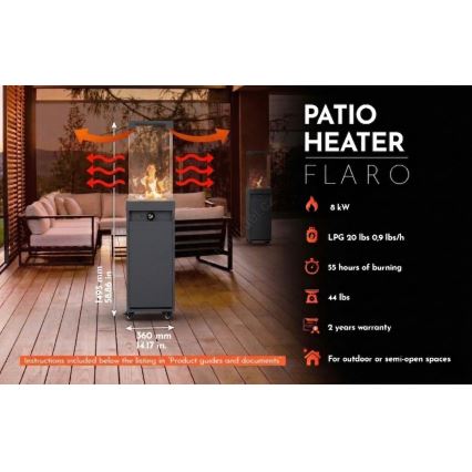 Brilagi - Șemineu pe gaz pentru exterior FLARO GAS, 142 x 36 cm, 8 kW, 1x AAA, antracit, cu husă de protecție