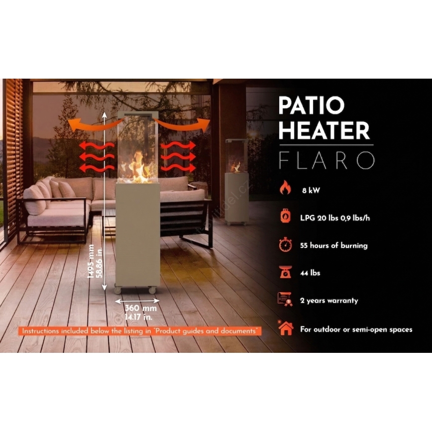Brilagi - Șemineu pe gaz pentru exterior FLARO GAS, 142 x 36 cm, 8 kW, 1x AAA, bej + husă de protecție