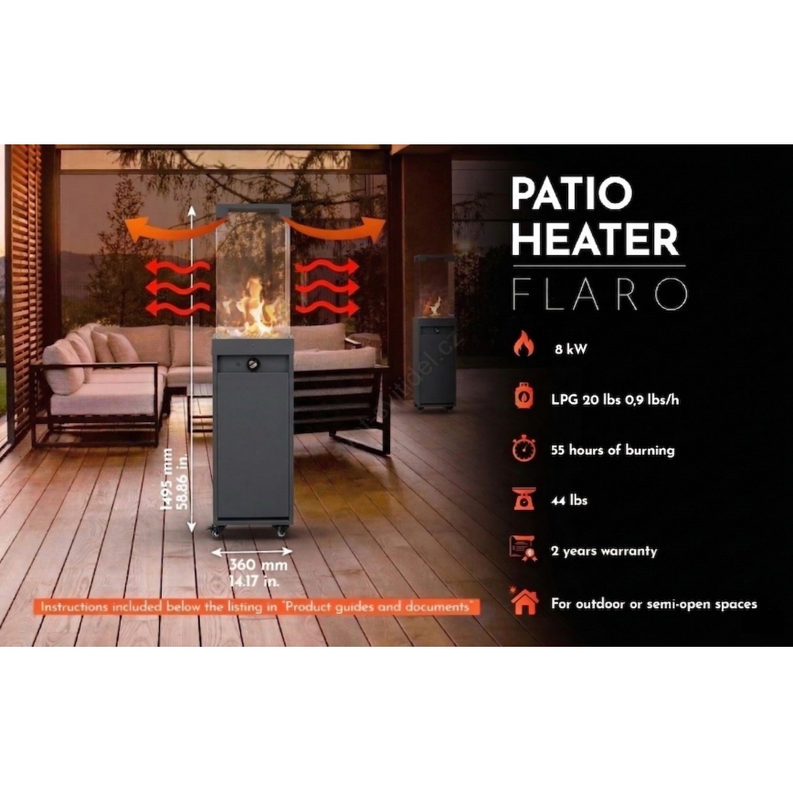 Brilagi - Șemineu exterior pe gaz FLARO GAS, 142x36 cm, 8 kW, 1x AAA, negru + husă de protecție