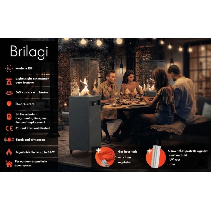 Brilagi - Șemineu exterior pe gaz FLARO GAS, 142x36 cm, 8 kW, 1x AAA, negru + husă de protecție