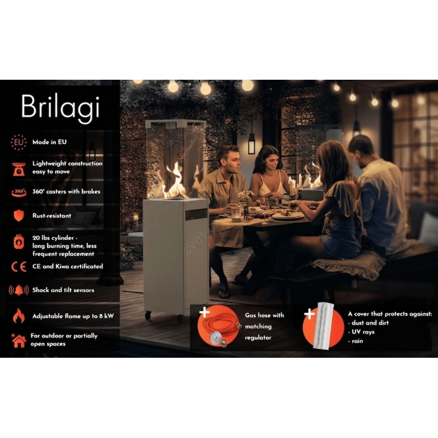 Brilagi - Șemineu pe gaz de exterior FLARO GAS 142 x 36 cm, 8 kW, 1x AAA, gri + husă de protecție