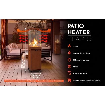 BRILAGI - Șemineu pe gaz pentru exterior FLARO GAS 142x36 cm 8kW 1xAAA ruginiu/maro + husă de protecție