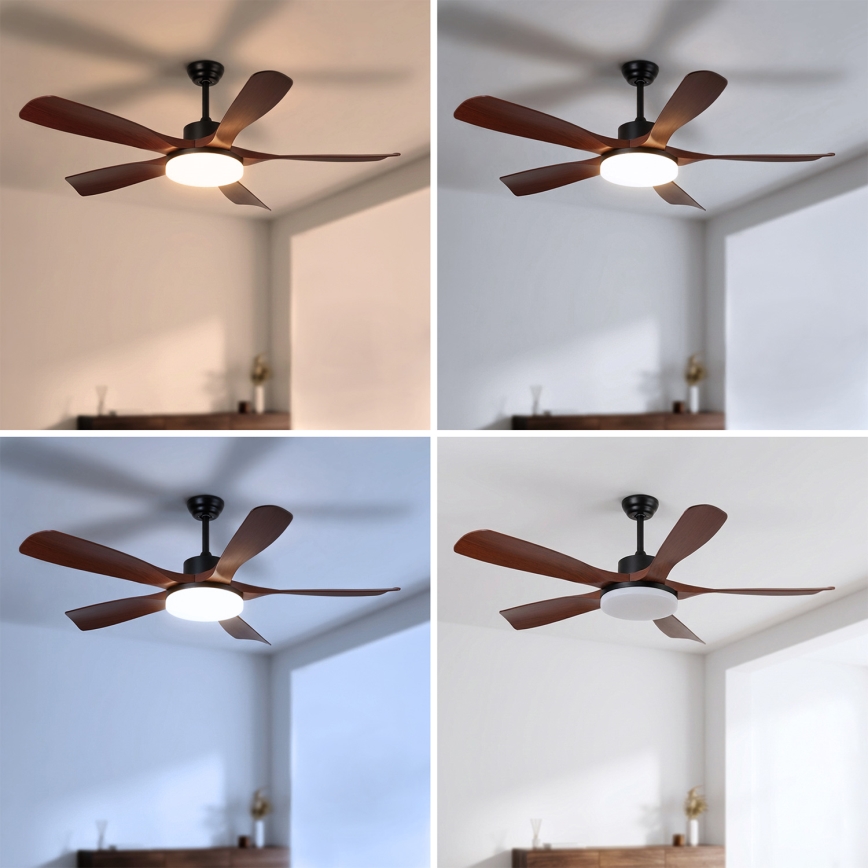 Brilagi - Ventilator de tavan LED dimabil, 34W, 230V, diametru 132 cm, negru/maro, cu telecomandă