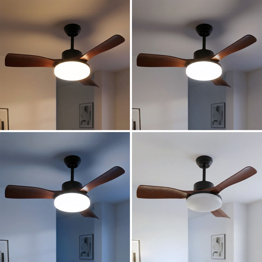 Brilagi - Ventilator de tavan cu iluminare LED dimabilă, 34W, 230V, 3000-6500K, diametru 106 cm, negru/maro, cu telecomandă inclusă