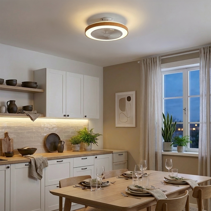 Brilagi - Ventilator de tavan LED reglabil, 38W/230V, 3000-6500K, Ø 50 cm, alb/maro + telecomandă