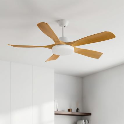 Brilagi - Ventilator de tavan LED dimabil, 34W, 230V, 3000-6500K, Ø132 cm, alb/maro + telecomandă