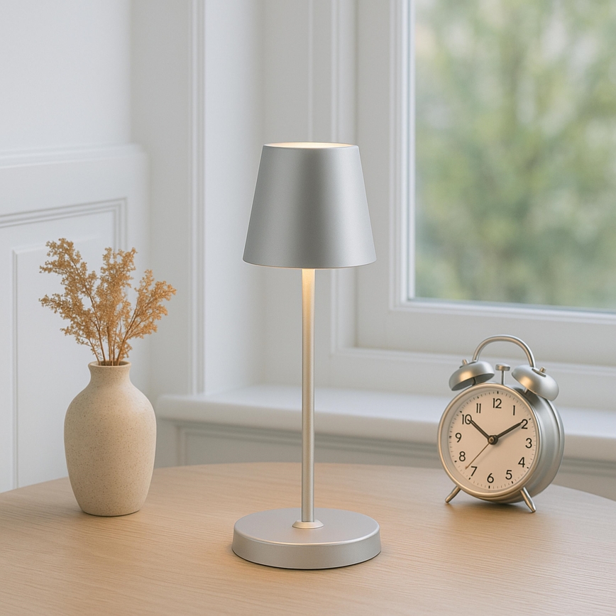 Brilliant - Lampă de masă pentru exterior ELORA, LED, reîncărcabilă, cu reglare a intensității prin atingere, 2,5W/5V, 2700K, 2600 mAh, IP44, argintie