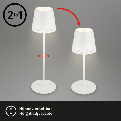 Brilo - Lampă de masă LED KIKI pentru exterior, reîncărcabilă, cu control tactil și reglare a luminozității, 2,6W/5V, IP44, acumulator 2600 mAh, albă