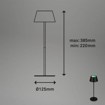 Brilo - Lampă de masă exterioară tactilă reîncărcabilă KIKI LED RGB, reglabilă, 2,6 W / 5 V, IP44, 2600 mAh, negru