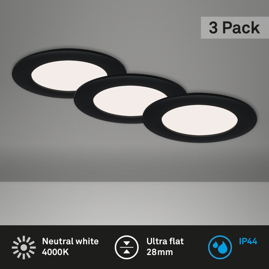Brilo - Set de 3 spoturi LED încastrate pentru baie FLAT LED/6W/230V IP44, negre