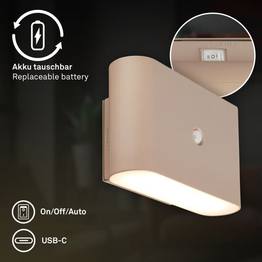 Briloner 3878011 - Lampă de perete LED reîncărcabilă cu senzor de mișcare și senzor crepuscular CHAT LED/3W/5V 2000 mAh bej