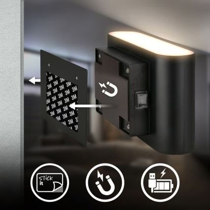 Briloner 3878015 - Lampă LED de perete reîncărcabilă CHAT, cu senzor de mișcare și senzor de amurg, LED/3W/5V 2000 mAh, neagră