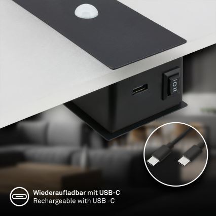 Briloner 3888015 - Lampă de perete LED reîncărcabilă AURA cu senzor de mișcare și de amurg, LED/2,5W/5V, 1800 mAh, negru