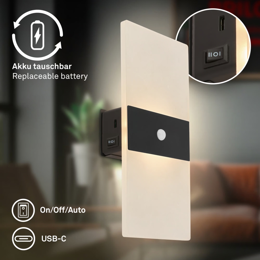 Briloner 3888015 - Lampă de perete LED reîncărcabilă AURA cu senzor de mișcare și de amurg, LED/2,5W/5V, 1800 mAh, negru