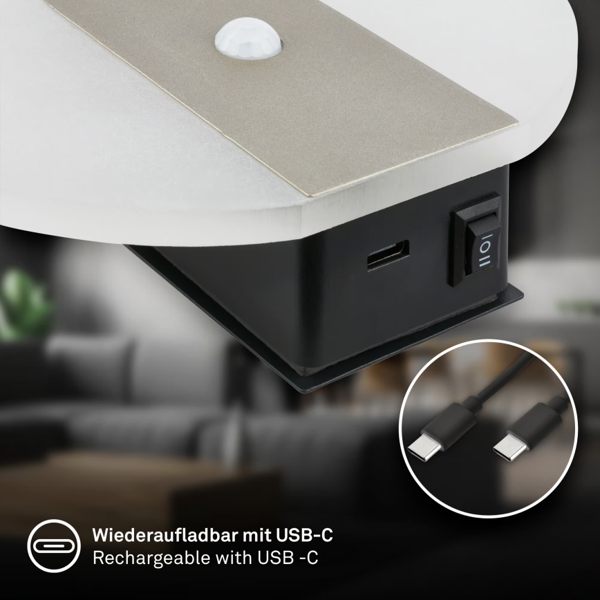 Briloner 3889012 - Lampă de perete LED reîncărcabilă TARO cu senzor de mișcare și de amurg, 2,5 W / 5 V, 1800 mAh, crom mat