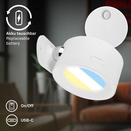 Briloner 3896016 - Lampă LED de perete TARI, reîncărcabilă, reglabilă, 1,6 W/5 V, 1500 mAh, alb