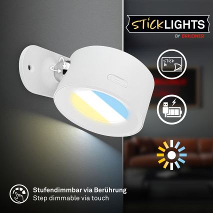 Briloner 3896016 - Lampă LED de perete TARI, reîncărcabilă, reglabilă, 1,6 W/5 V, 1500 mAh, alb