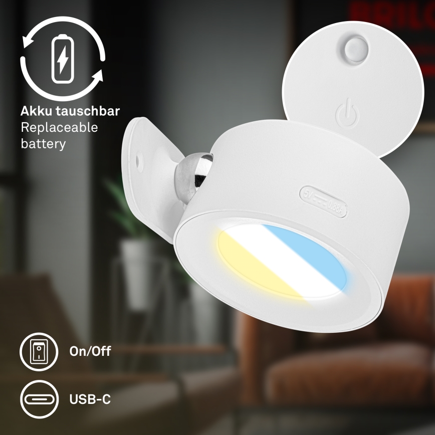 Briloner 3896016 - Aplică LED de perete reîncărcabilă TARI, reglabilă, 1,6W/5V, 1500 mAh, albă
