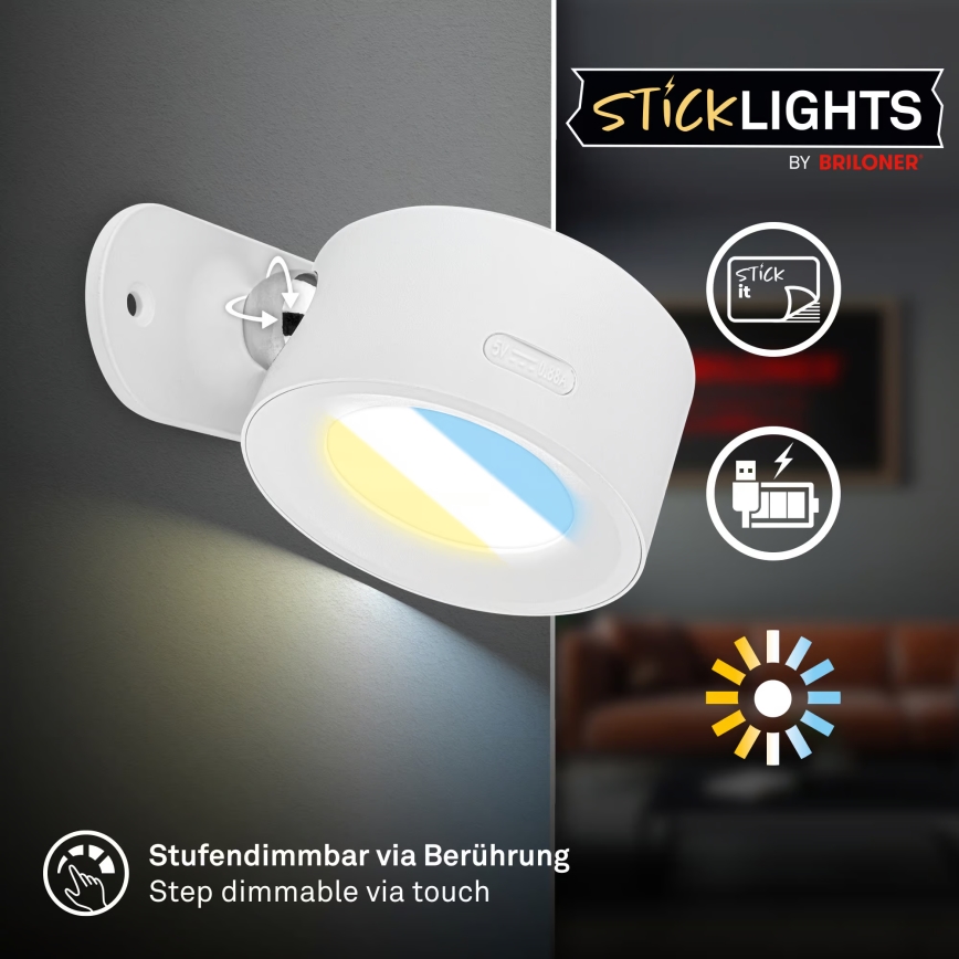 Briloner 3896016 - Aplică LED de perete reîncărcabilă TARI, reglabilă, 1,6W/5V, 1500 mAh, albă