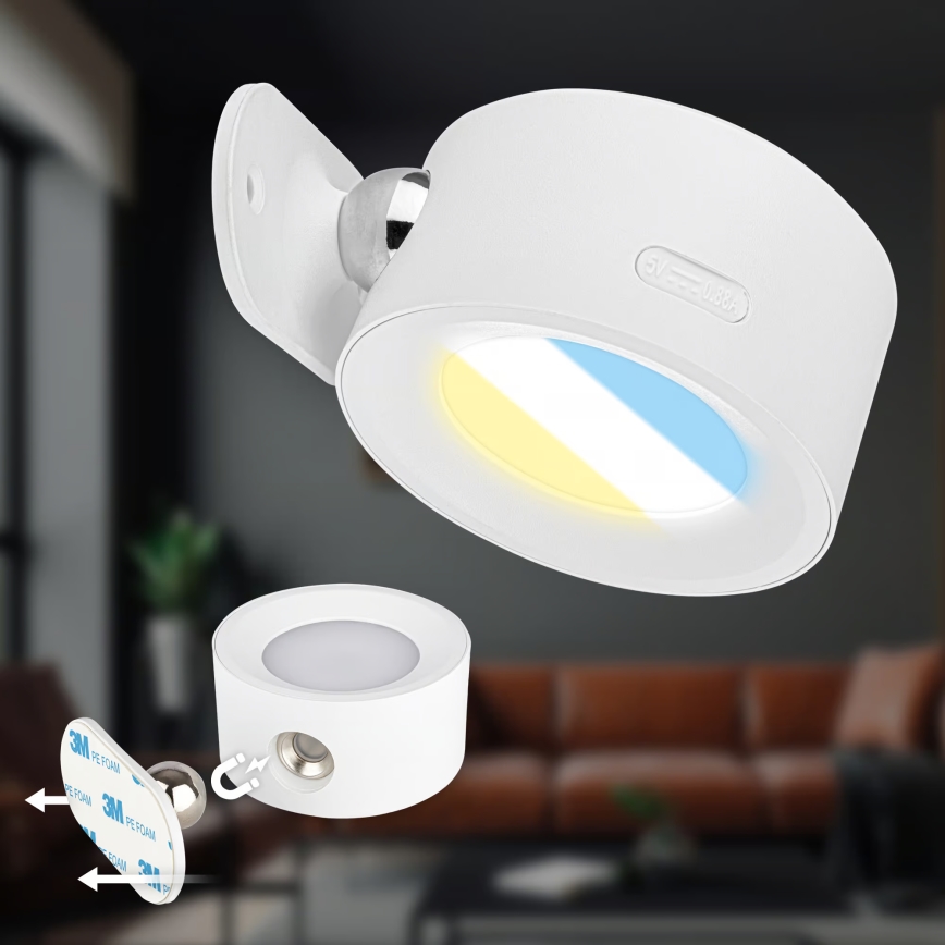 Briloner 3896016 - Aplică LED de perete reîncărcabilă TARI, reglabilă, 1,6W/5V, 1500 mAh, albă