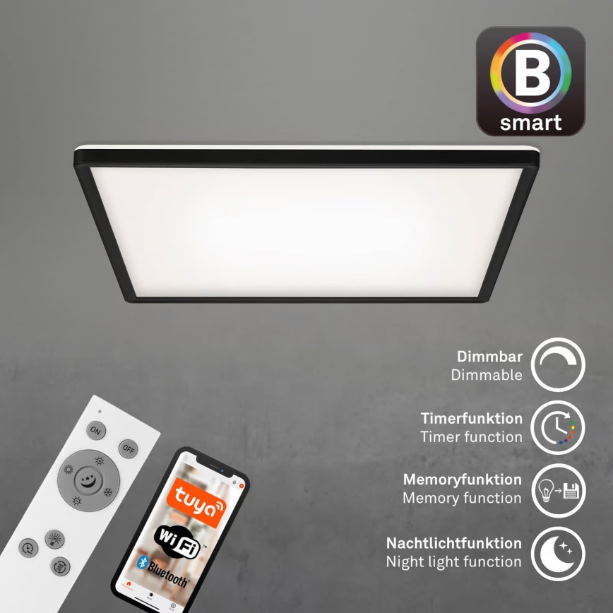 Briloner 7060-015 - Panou LED aplicat SLIM reglabil LED/22W/230V 2700-6500K 42x42 cm negru Wi-Fi Tuya + telecomandă