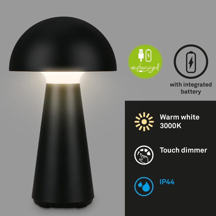 Briloner - Lampă de masă LED reîncărcabilă, reglabilă, cu control tactil pentru exterior, LED/2,6W/5V 3000K IP44 2000 mAh, neagră