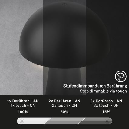 Briloner - Lampă de masă LED reîncărcabilă, reglabilă, cu control tactil pentru exterior, LED/2,6W/5V 3000K IP44 2000 mAh, neagră